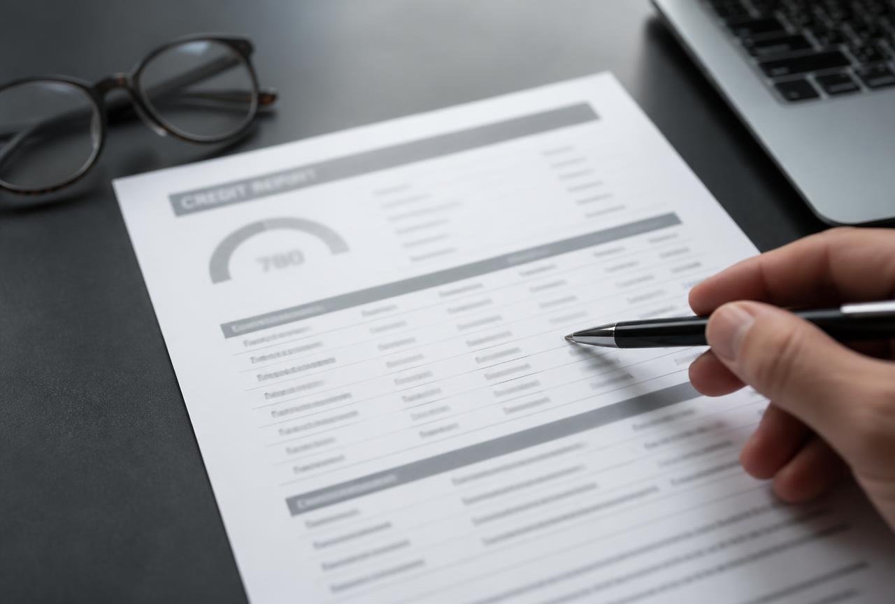 A printed credit report on a desk with a pen pointing to one account listing during a review